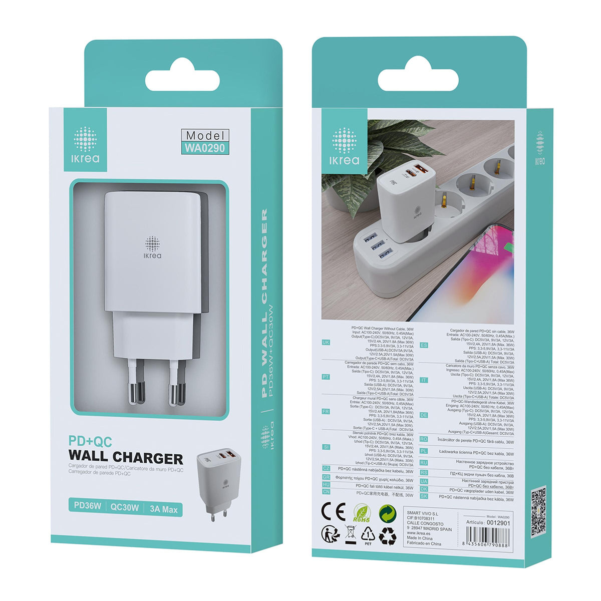 Ikrea WA0290 Cargador PD 2 Puertos USB-A/Type-C 36W QC3.0 3A Blanco