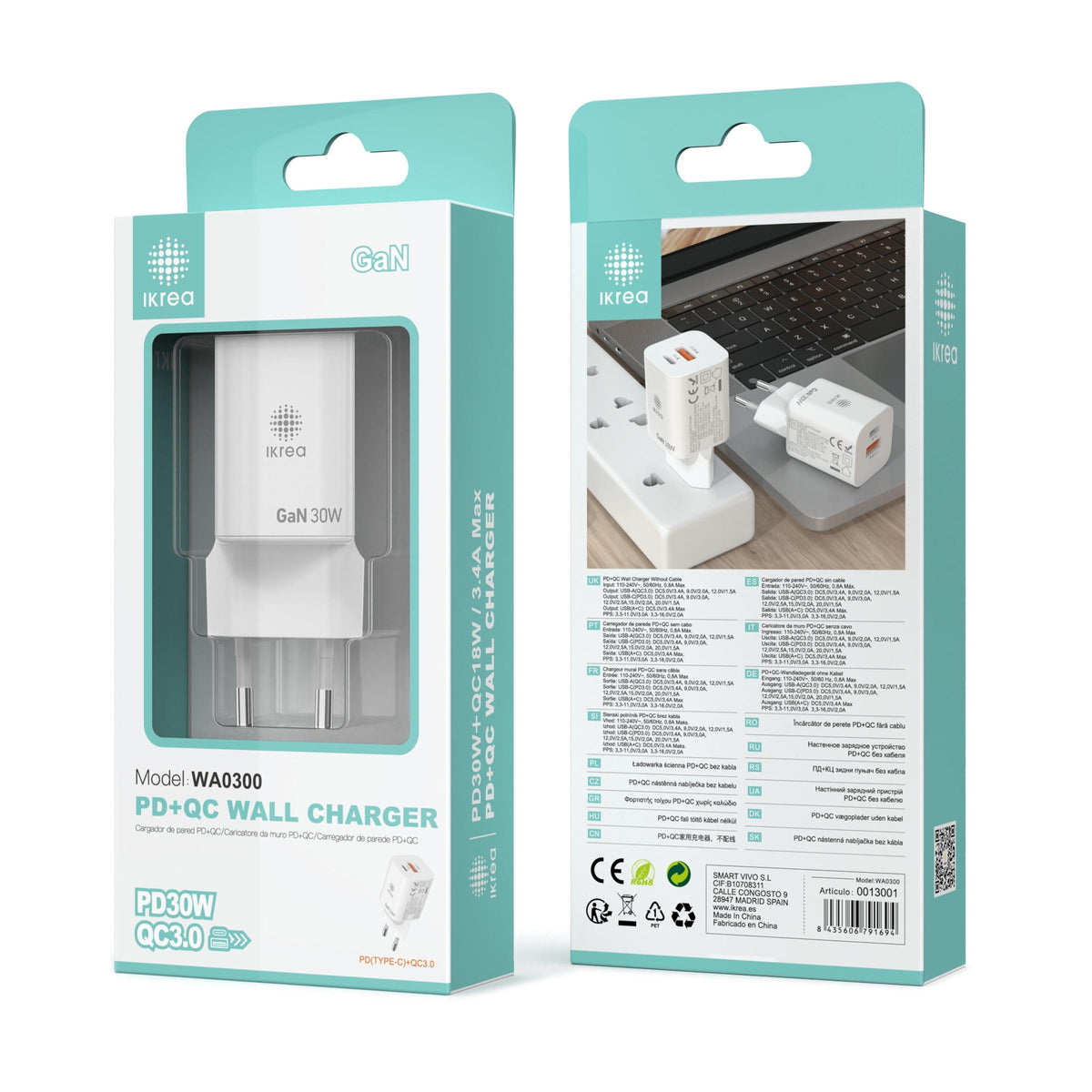 Ikrea WA0300 Cargador PD+QC3.0 2 Puertos Type-C/USB-A 30W Blanco