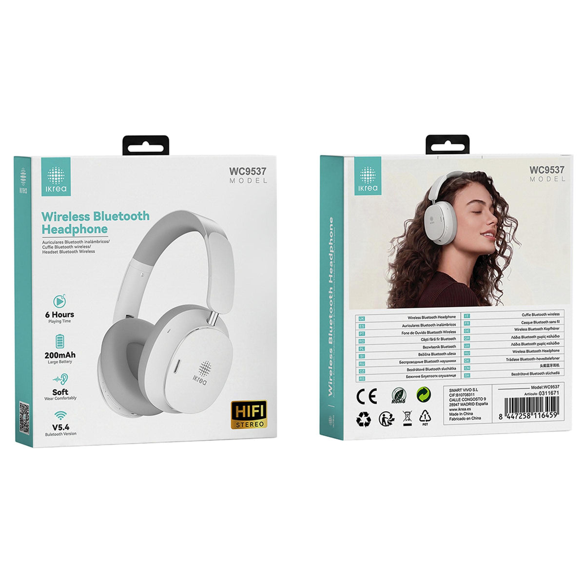 Ikrea WC9537 Auriculares Cascos Inalámbricos HiFi Bluetooth Tacto Suave 6 Horas Blanco
