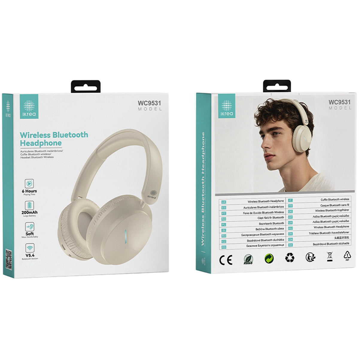 Ikrea WC9531 Auriculares Casco Inalámbricos con Almohadillas Bluetooth 200mAh Blanco