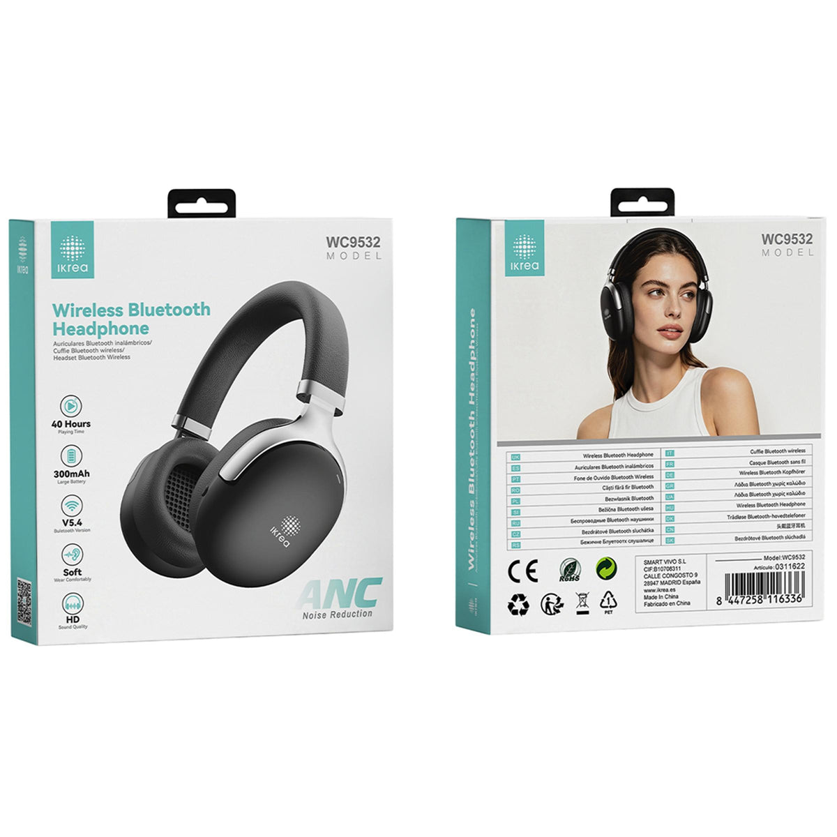 Ikrea WC9532 Auriculares Casco Inalámbricos Bluetooth 300mAh Negro