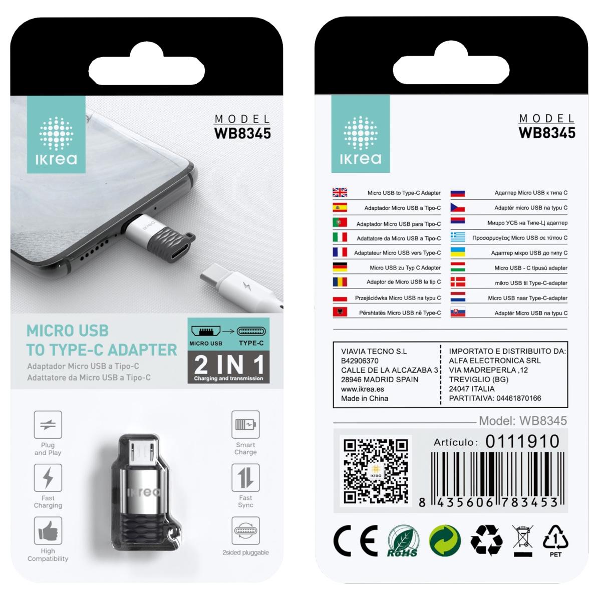 Ikrea WB8345 Adaptador Micro USB a Type-C Plata