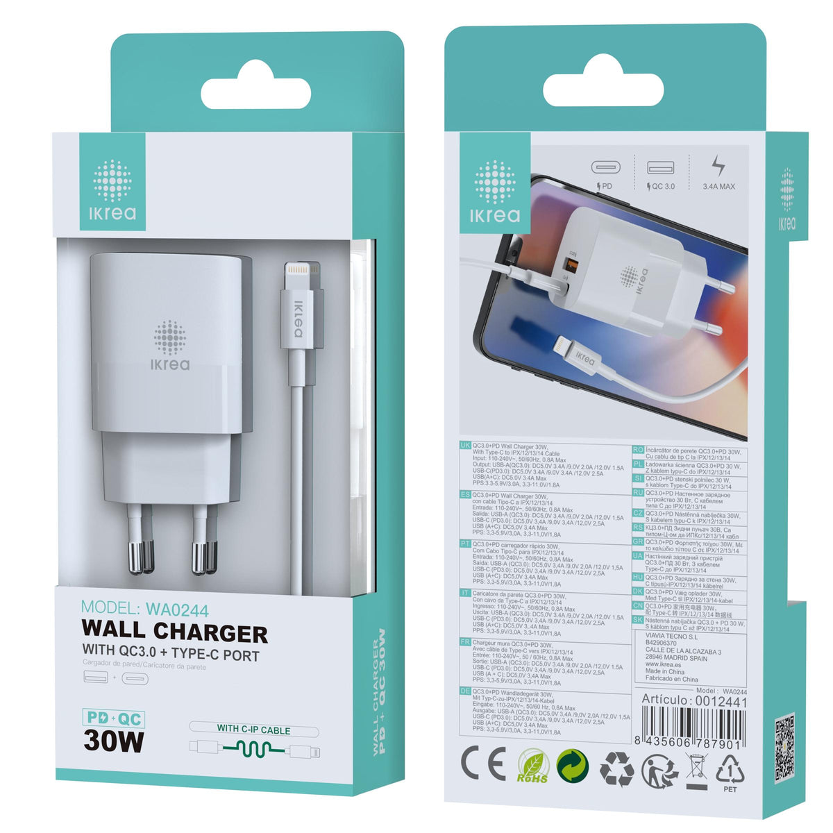 Ikrea WA0244 Cargador con Cable Type-C a Lightning 2 Puertos PD+QC3.0 30W Blanco