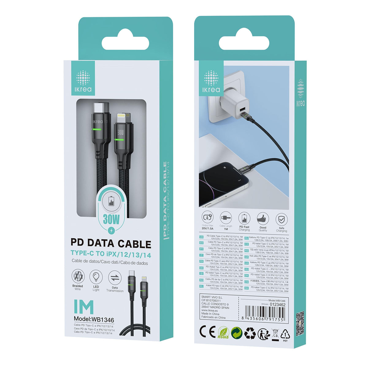 Ikrea WB1346 Cable PD Trenzado con Luz LED Type-C a Lightning 30W 1M Negro
