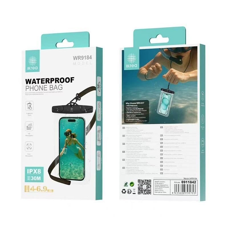 Funda impermeable IPX8 de PVC con correa para móvil de 4" a 6.9" - Negro