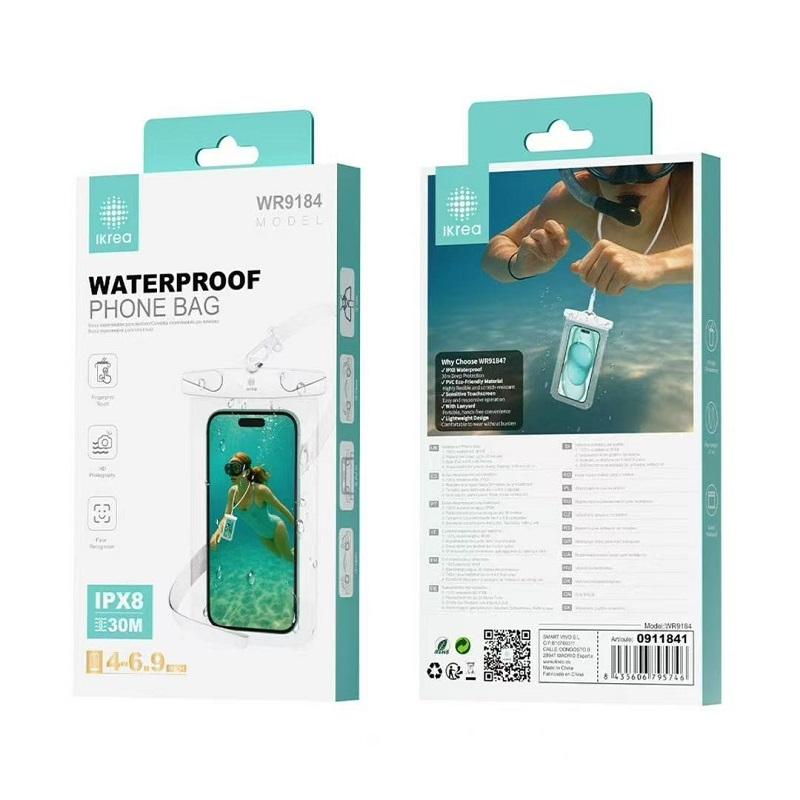 Funda impermeable IPX8 de PVC con correa para móvil de 4" a 6.9" - Blanco