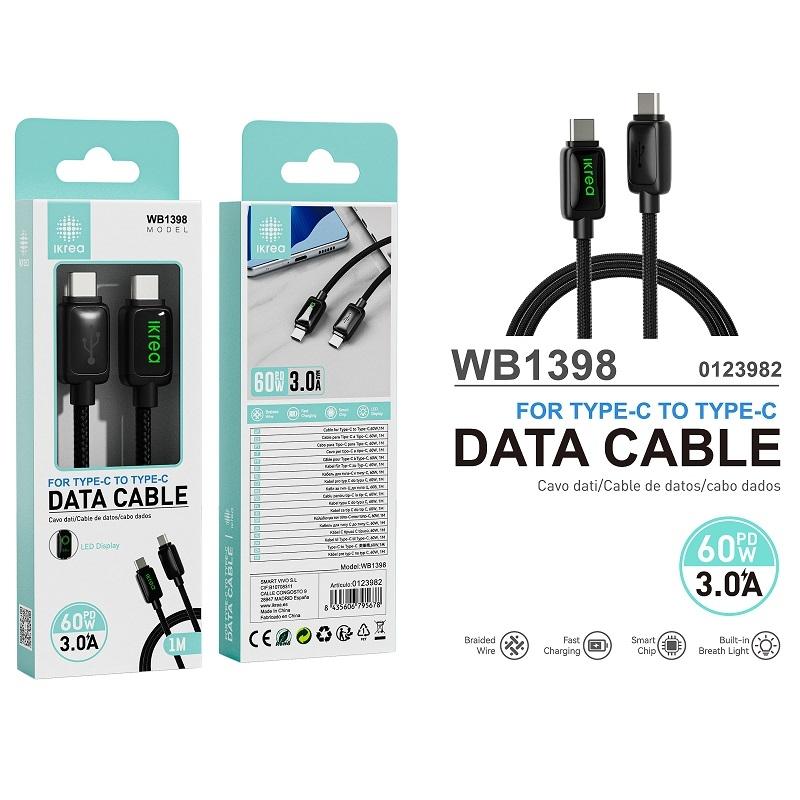 Ikrea WB1398 Cable Trenzado de Carga Rápida con LED PD Type-C a Type-C 60W 3A 1M Negro
