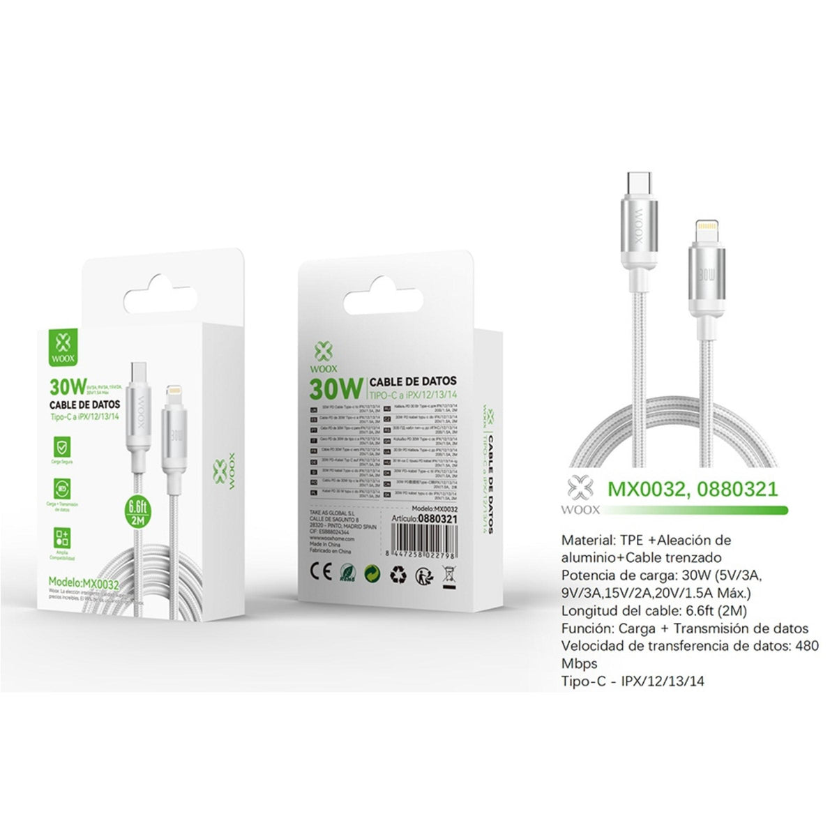 Woox MX0032 Cable de Datos Type-C a Lightning 30W 2M Blanco