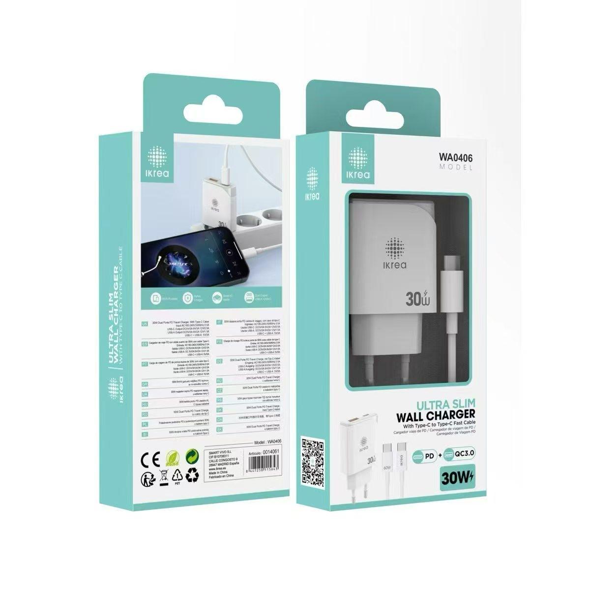 Ikrea WA0406 Cargador Ultra Slim PD+QC3.0 2 Puertos USB-A/Type-C con Cable Type-C a Type-C 30W Blanco