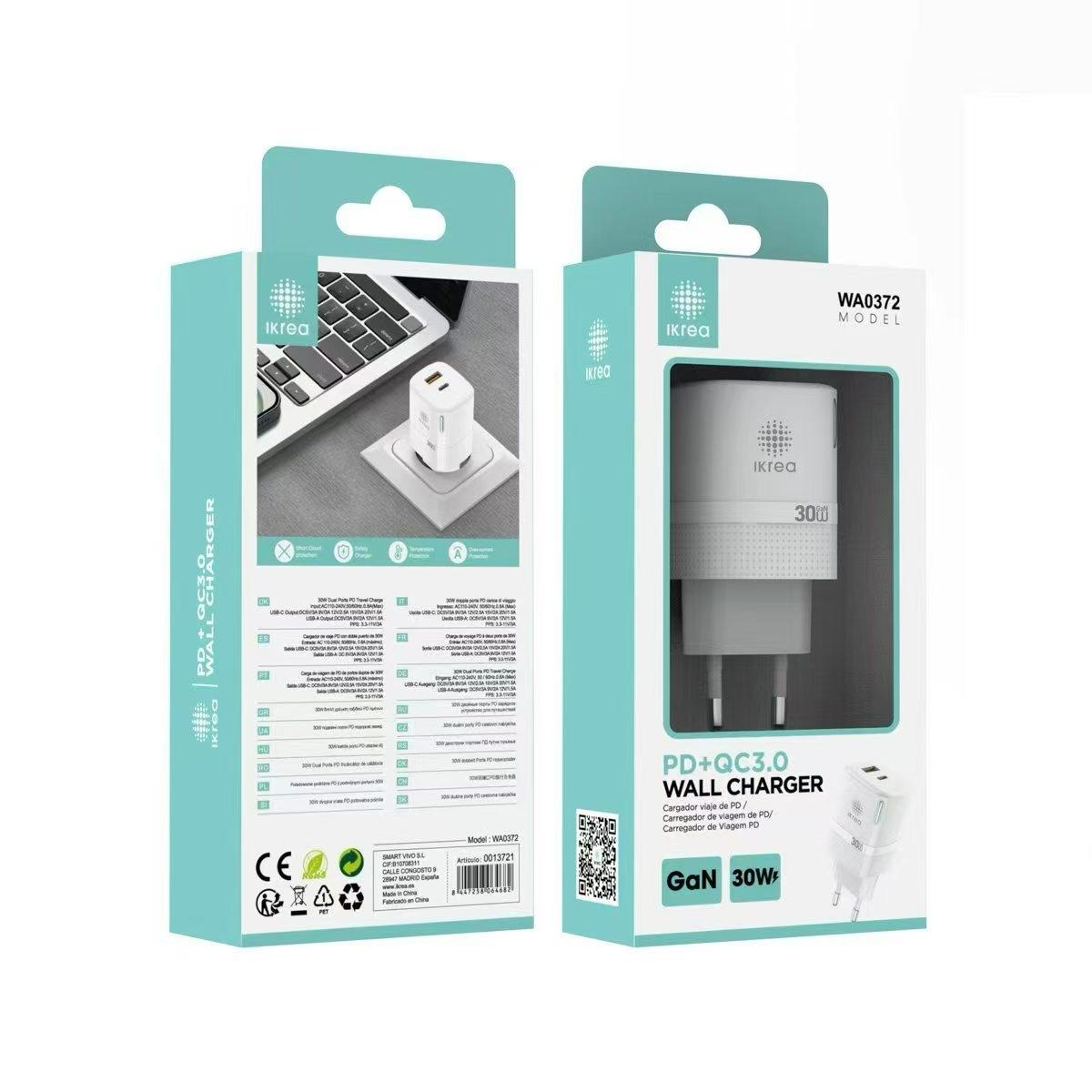 Ikrea WA0372 Cargador PD+QC3.0 2 Puertos USB-A/Type-C 30W GaN Blanco