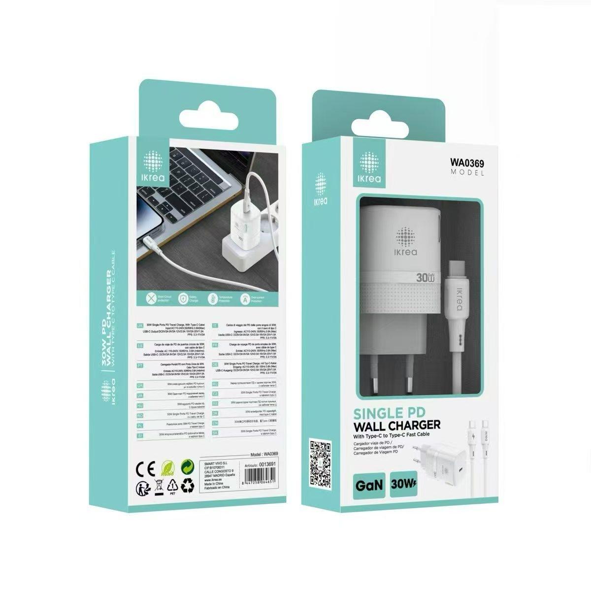 Ikrea WA0369 Cargador PD Type-C con Cable Type-C a Type-C 30W GaN Blanco