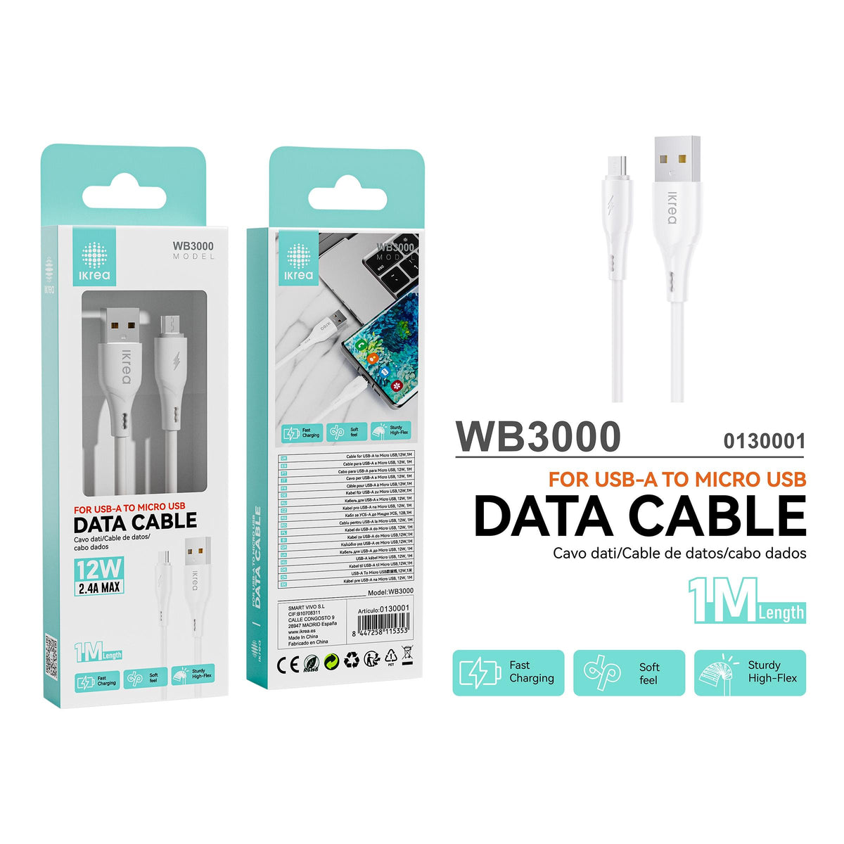 Ikrea WB3000 Cable de Datos de Carga Rápida Micro USB 12W 2.4A 1M Blanco