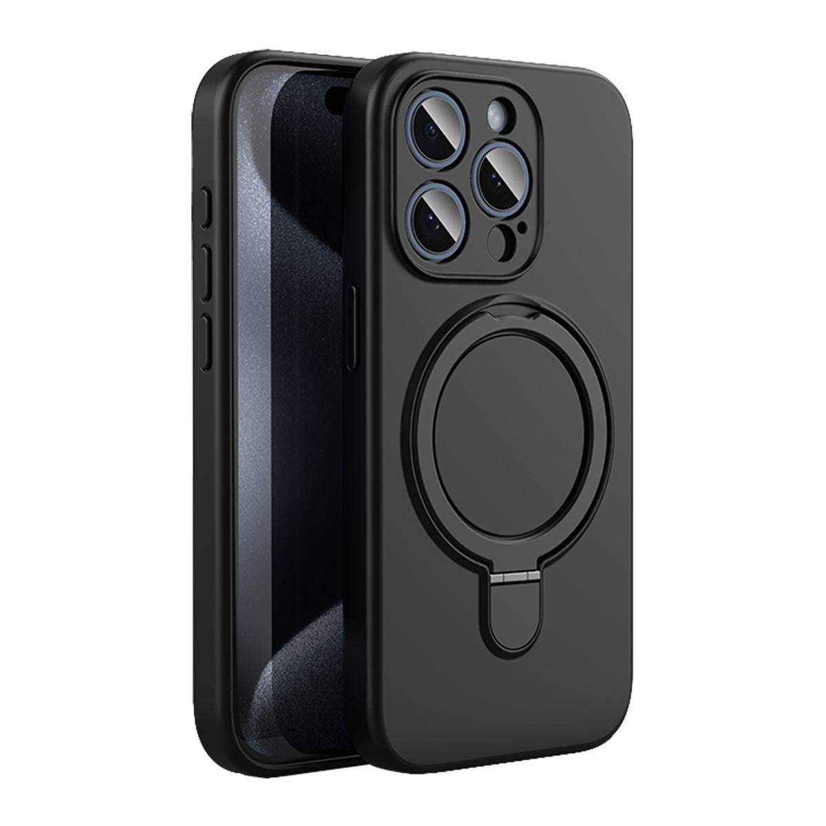 Funda de silicona con soporte anillo para iPhone 16 Pro - Negro