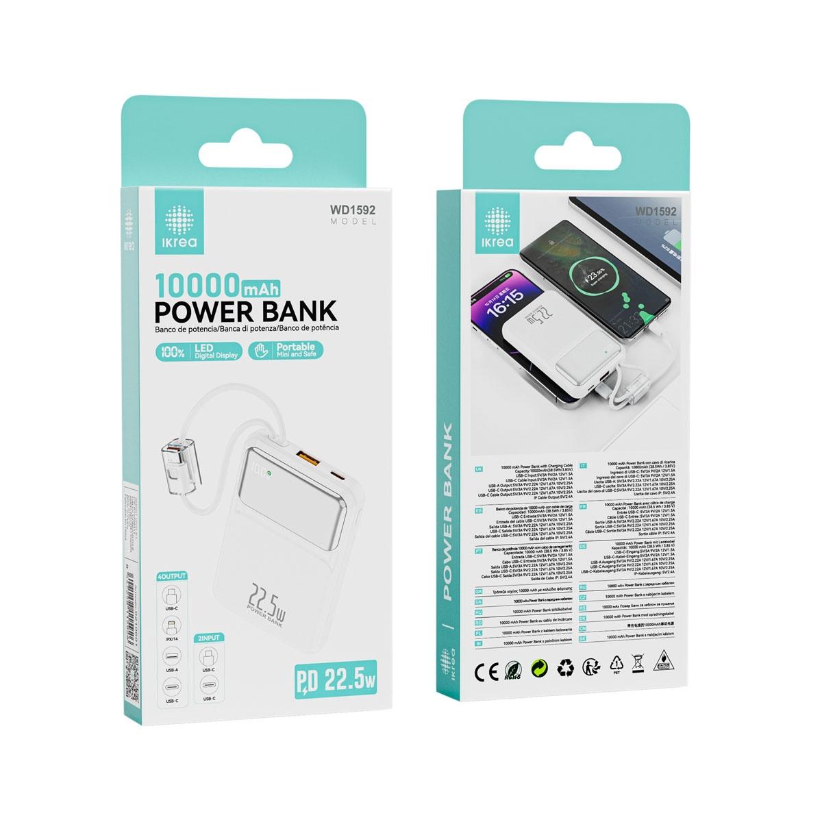 Ikrea WD1592 Power Bank con Pantalla LED y Cables Integrados Anti-enredos PD 22.5W 10000mAh Blanco