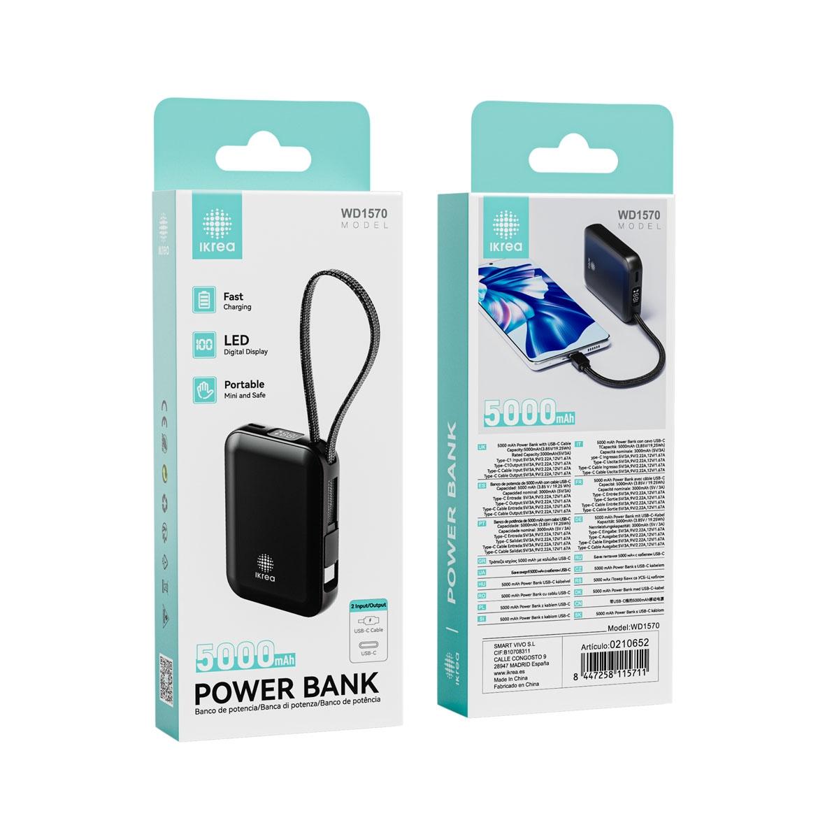 Ikrea WD1570 Mini Power Bank con Pantalla LED y Cables Integrados USB-C 5000mAh Negro