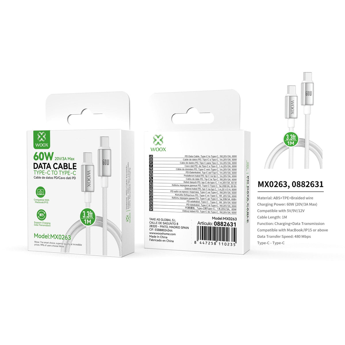 Woox MX0263 Cable de Datos Trenzado Type-C a Type-C 60W 20V 3A 1M Blanco