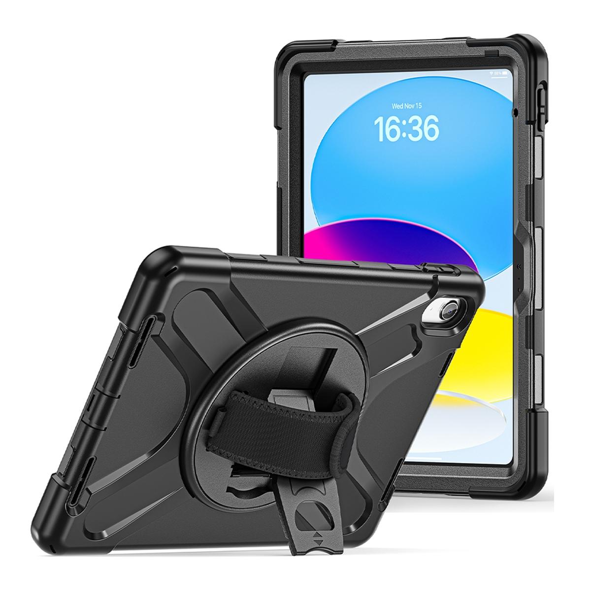Funda antigolpes 3 en 1 con soporte giratorio 360º y correa de mano ajustable para iPad 10ª gen. 2022 10.9" / iPad 11 2025 - Negra