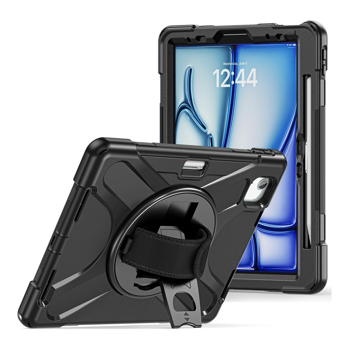 Funda antigolpes 3 en 1 con soporte giratorio 360º y correa de mano ajustable para iPad Air 11 2024/2025/2026 / iPad Pro 11 2018-2022 / iPad Air 4/5 10.9 - Negra