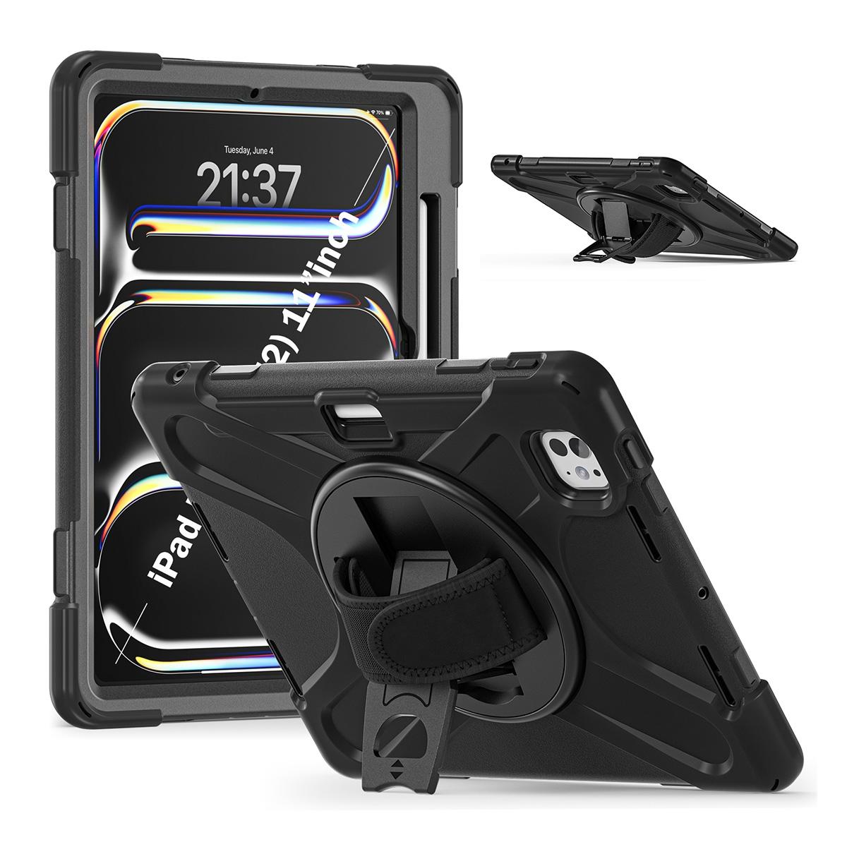Funda antigolpes 3 en 1 con soporte giratorio 360º y correa de mano ajustable para iPad Pro 11 2024/2025 - Negra
