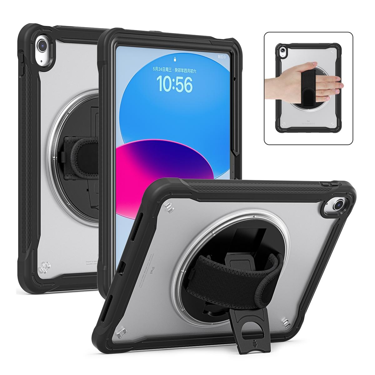 Funda 2 en 1 con soporte giratorio 360º y banda de mano para iPad 10ª gen. 2022 10.9" / iPad 11 2025 - Negra transparente