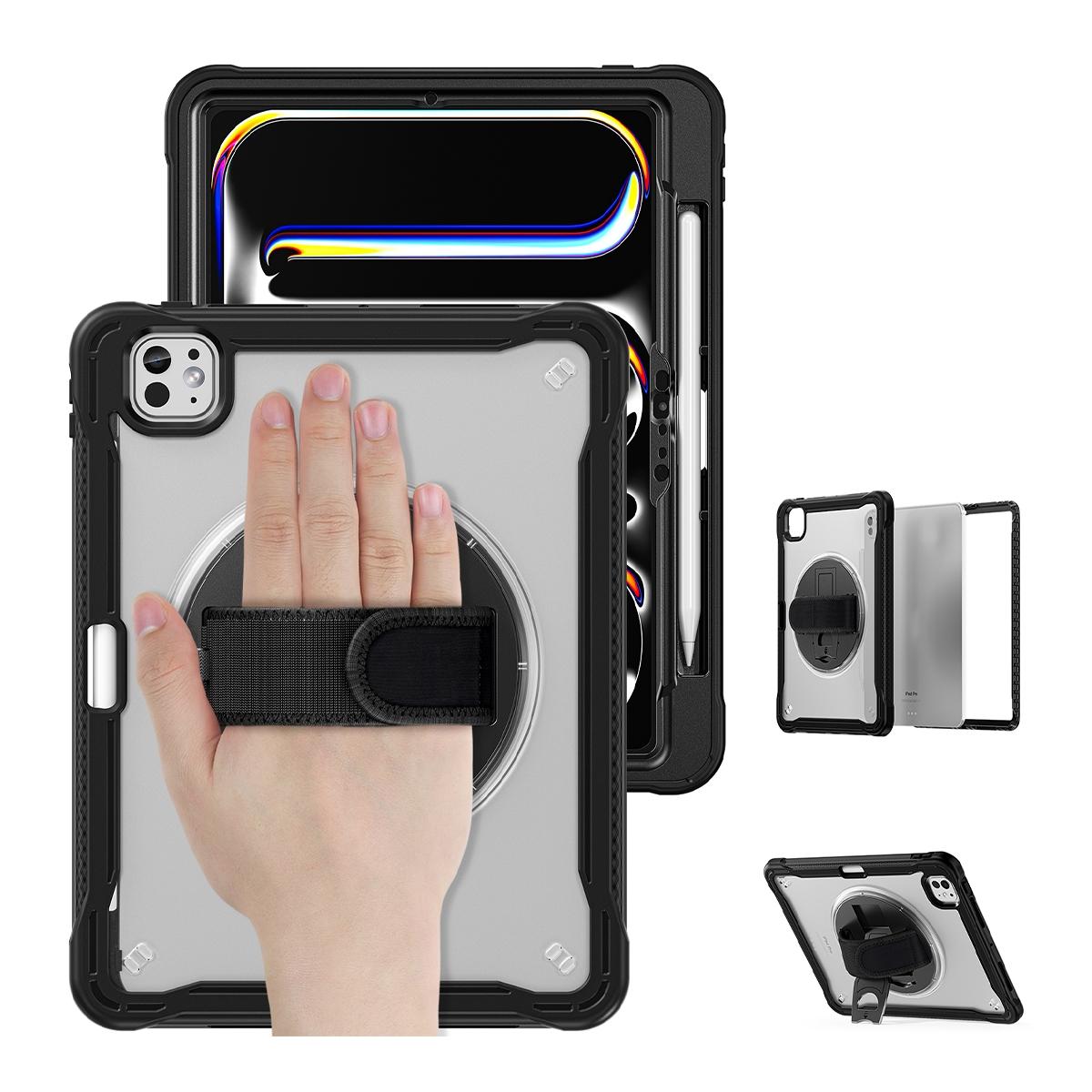 Funda 2 en 1 con soporte giratorio 360º y banda de mano para iPad Pro 11 2024/2025 - Negra transparente