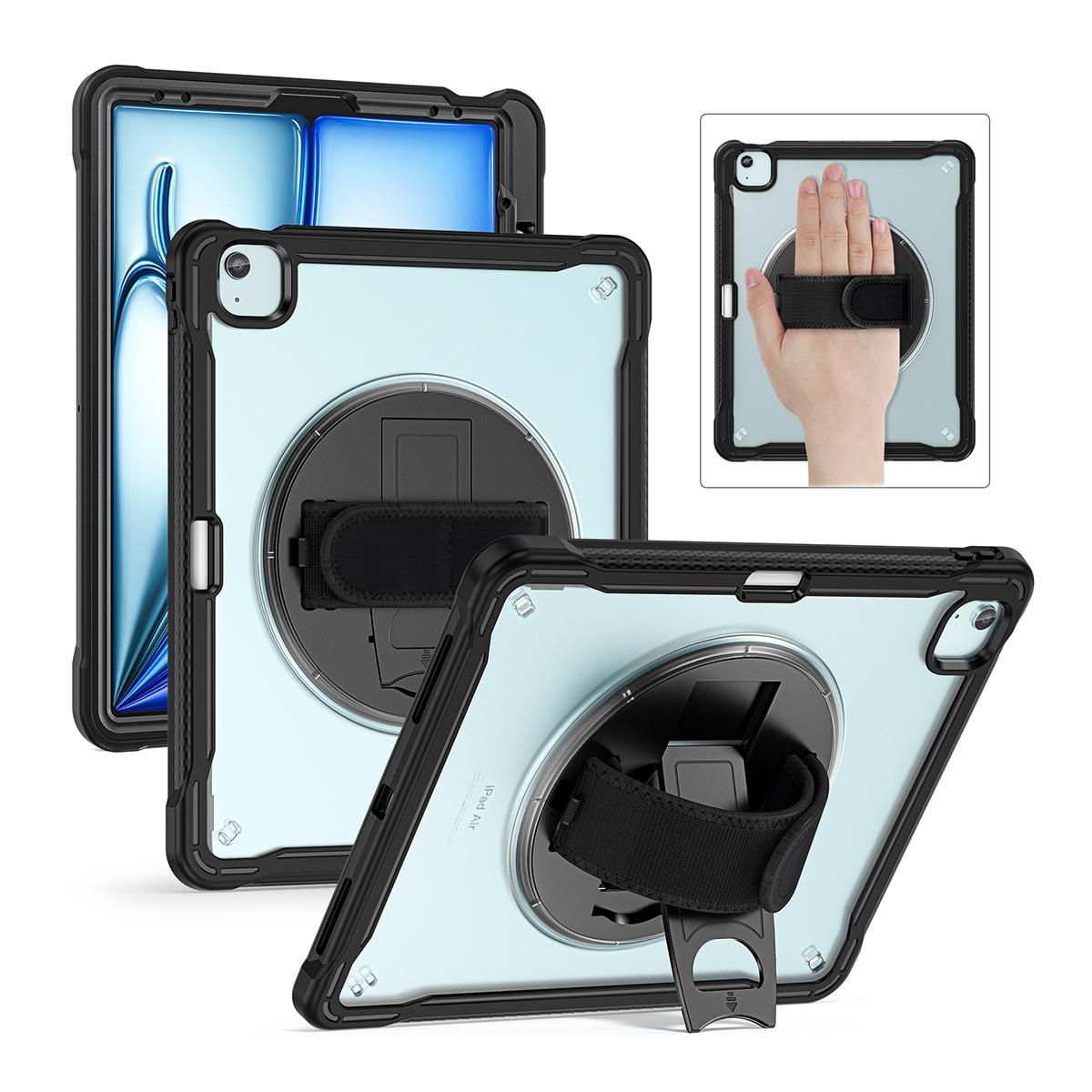 Funda 2 en 1 con soporte giratorio 360º y banda de mano para iPad Air 13 2024/2025/2026 / iPad Pro 12.9 2018-2022 - Negra transparente