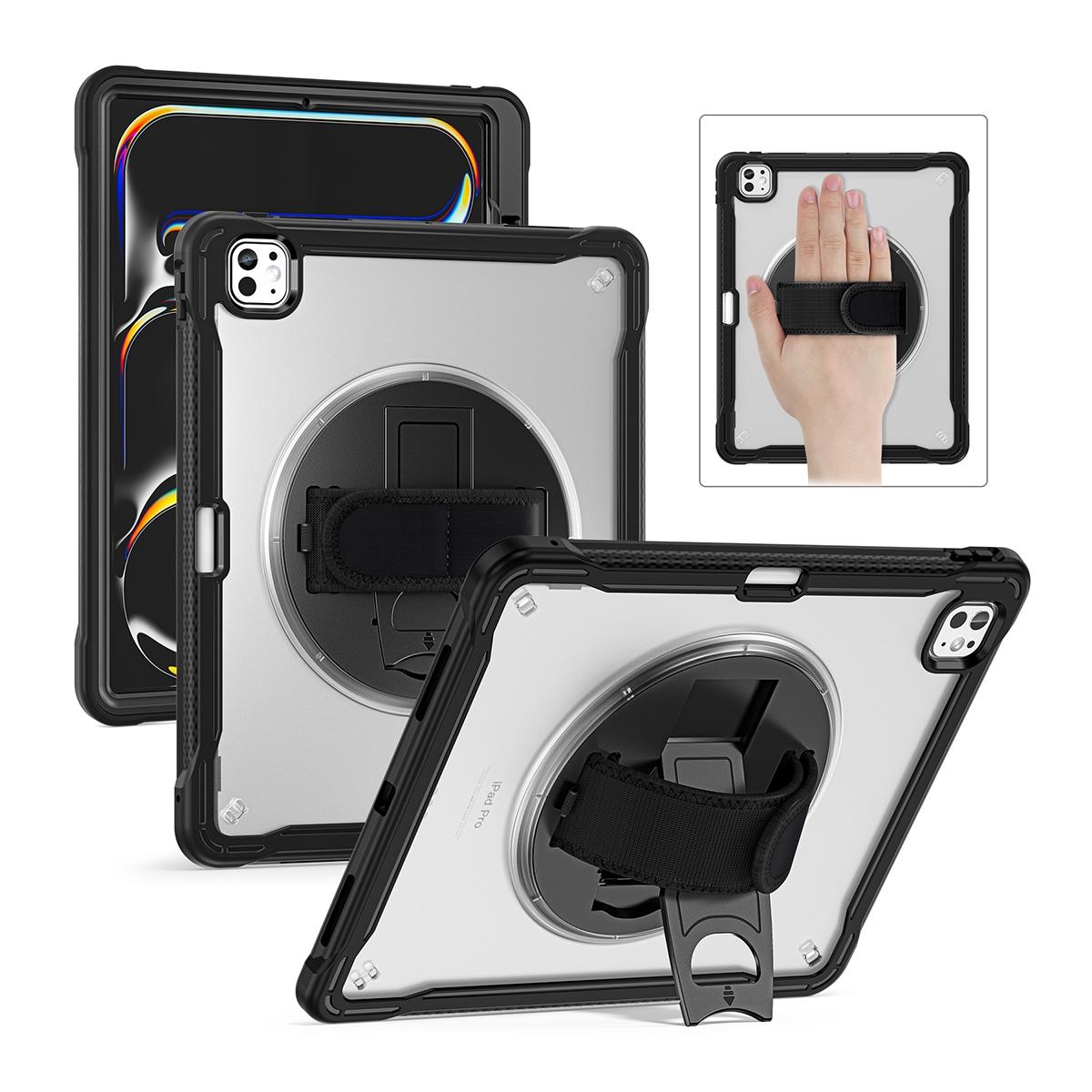 Funda 2 en 1 con soporte giratorio 360º y banda de mano para iPad Pro 13 2024/2025 - Negra transparente