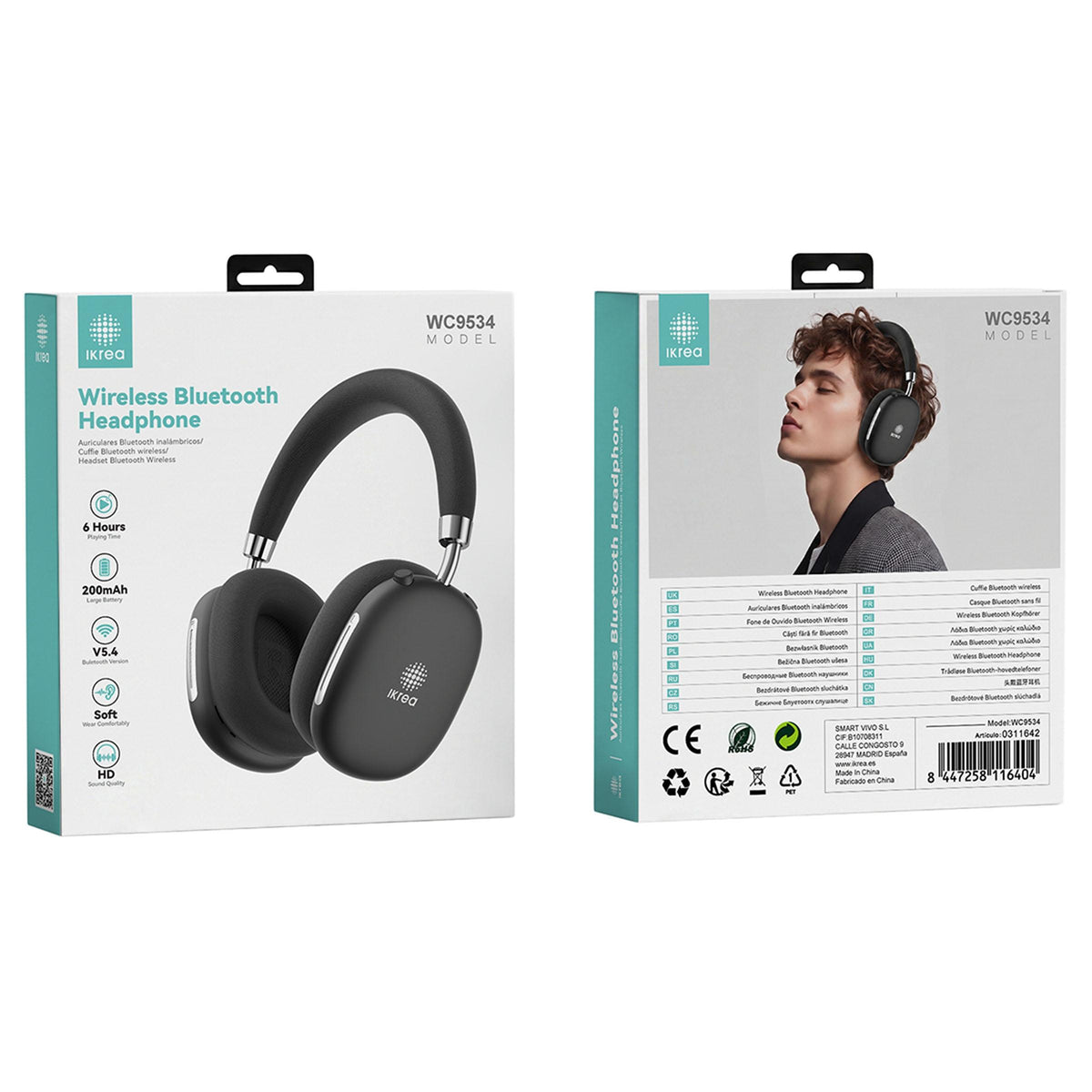 Ikrea WC9534 Auriculares Cascos Inalámbricos HD Bluetooth Tacto Suave 6 Horas Negro