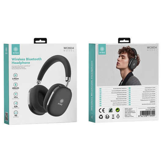 Ikrea WC9534 Auriculares Cascos Inalámbricos HD Bluetooth Tacto Suave 6 Horas Negro