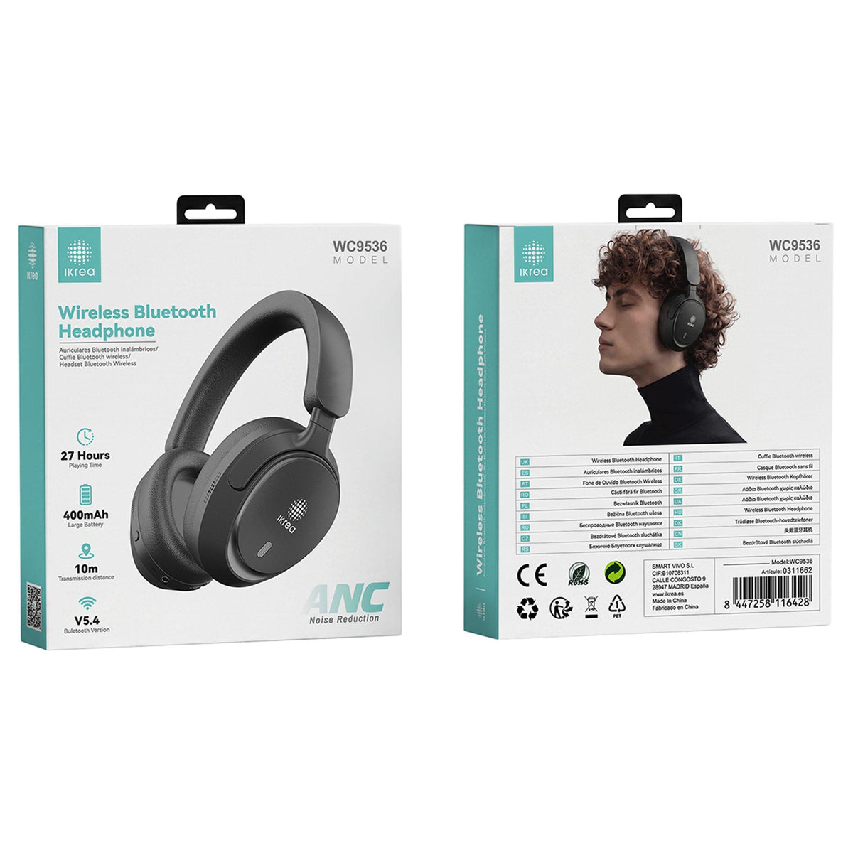 Ikrea WC9536 Auriculares Cascos Inalámbricos ANC Bluetooth Autonomía 27 Horas Negro