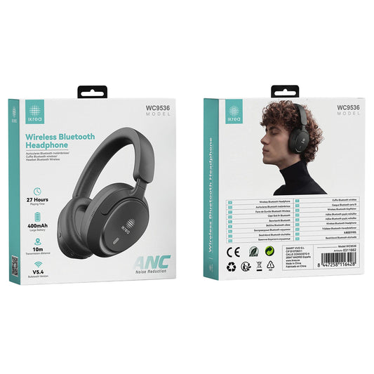 Ikrea WC9536 Auriculares Cascos Inalámbricos ANC Bluetooth Autonomía 27 Horas Negro