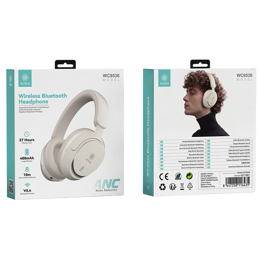 Ikrea WC9536 Auriculares Cascos Inalámbricos ANC Bluetooth Autonomía 27 Horas Beige