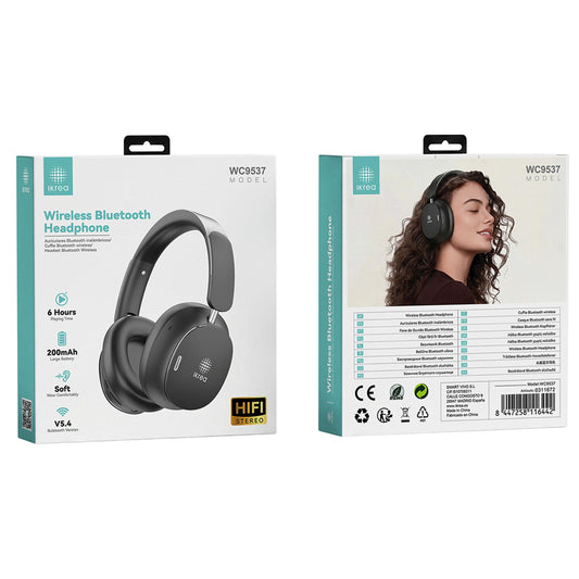 Ikrea WC9537 Auriculares Cascos Inalámbricos HiFi Bluetooth Tacto Suave 6 Horas Negro