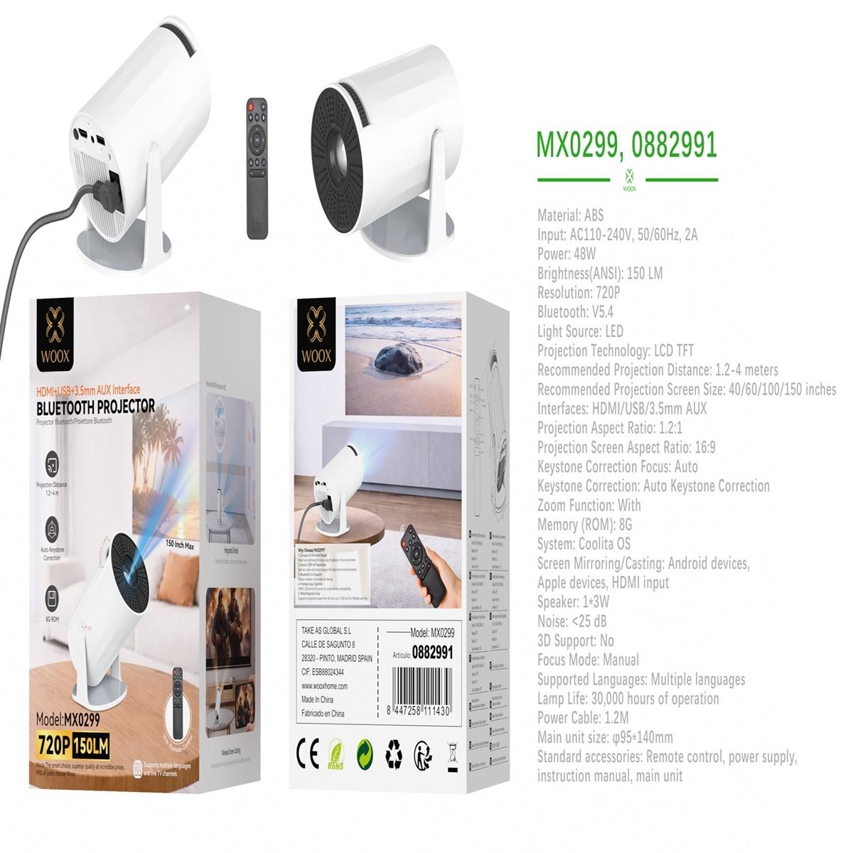 Woox MX0299 Proyector Bluetooth 48W con Control Remoto 720P Blanco
