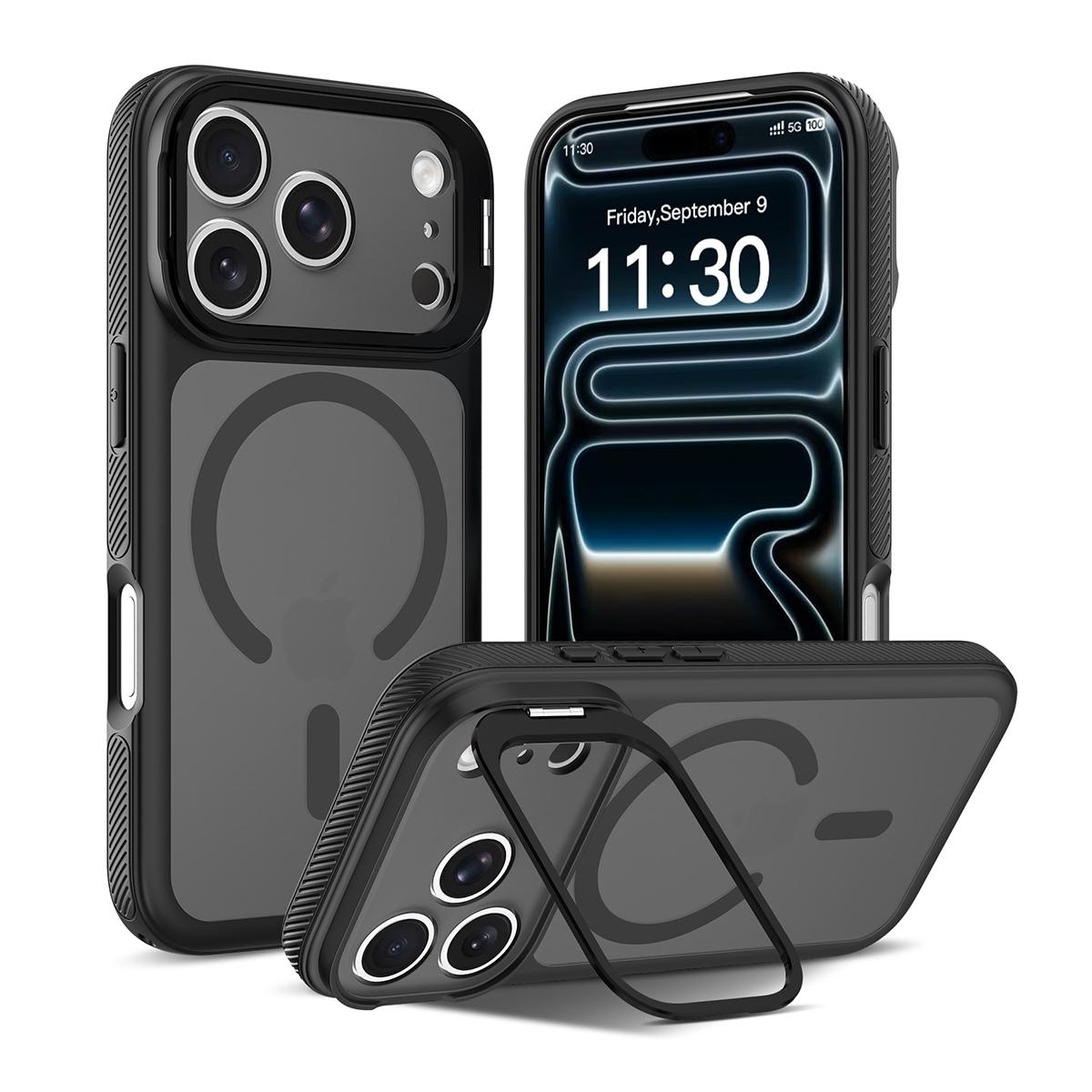 Funda magnética con marco de cámara y soporte 2 en 1 antigolpes TPU+PC para iPhone 18 Pro Max - Negra