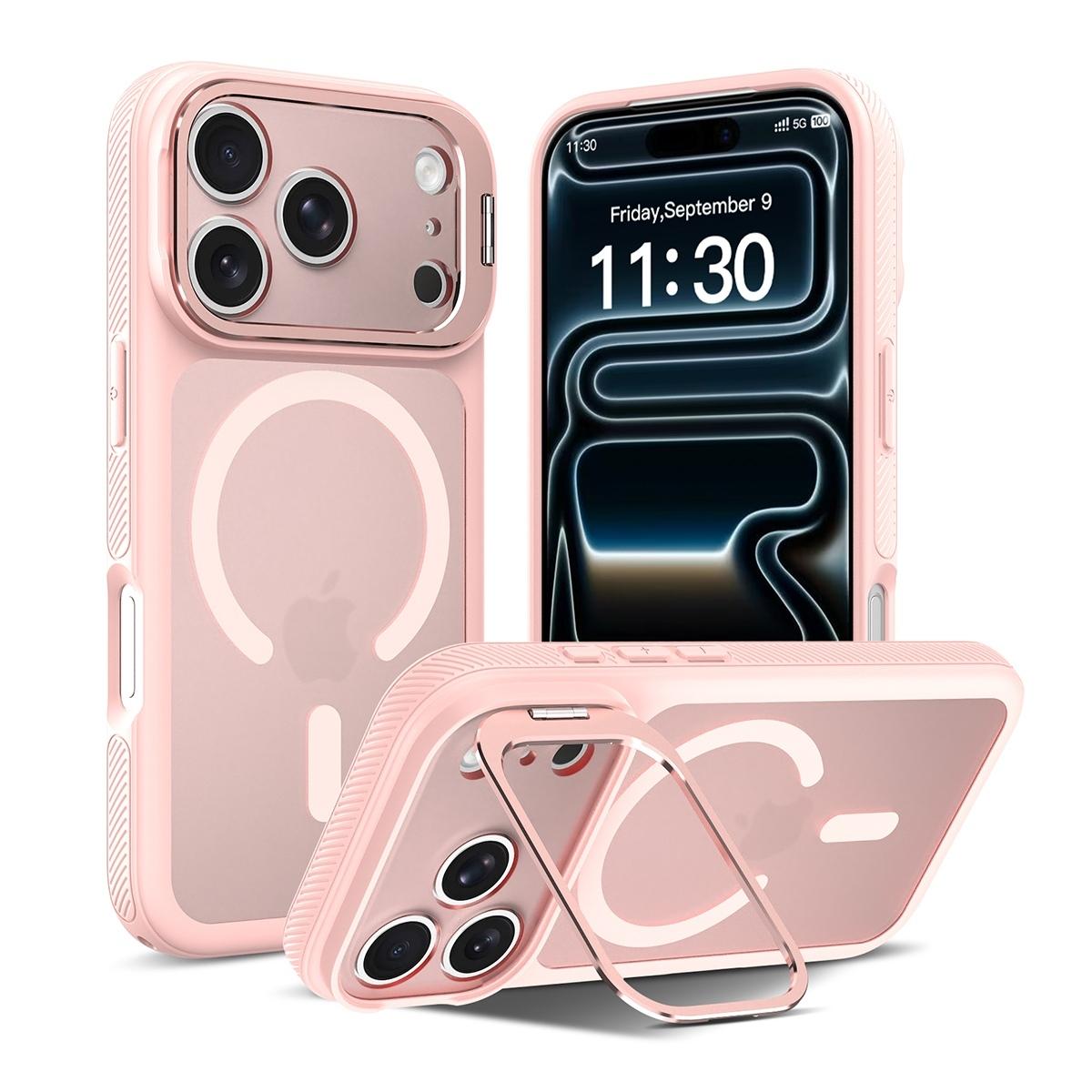 Funda magnética con marco de cámara y soporte 2 en 1 antigolpes TPU+PC para iPhone 18 Pro Max - Rosa