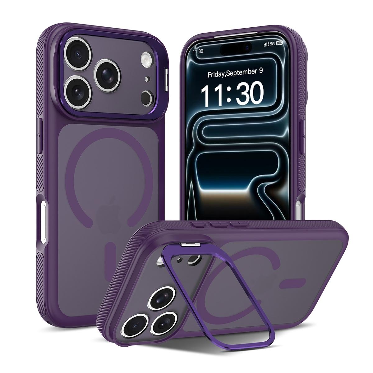 Funda magnética con marco de cámara y soporte 2 en 1 antigolpes TPU+PC para iPhone 18 Pro - Morada