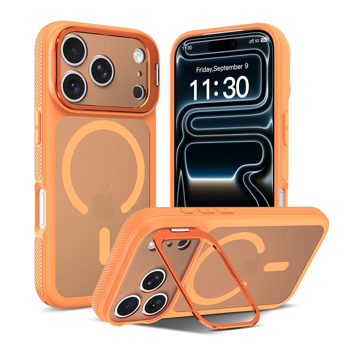 Funda magnética con marco de cámara y soporte 2 en 1 antigolpes TPU+PC para iPhone 17 Pro - Naranja