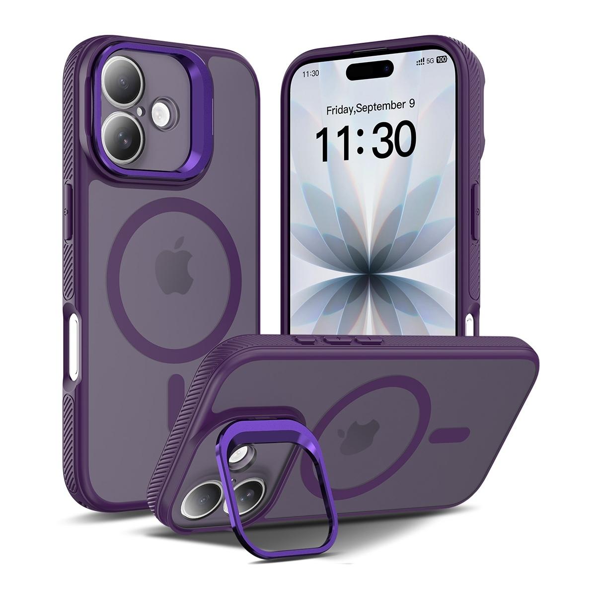 Funda magnética con marco de cámara y soporte 2 en 1 antigolpes TPU+PC para iPhone 17 - Morada