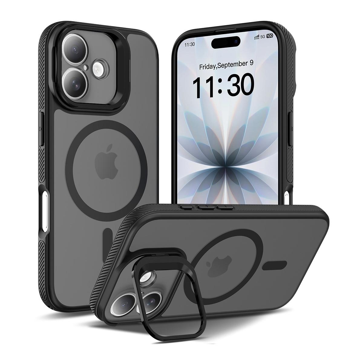 Funda magnética con marco de cámara y soporte 2 en 1 antigolpes TPU+PC para iPhone 17 - Negra