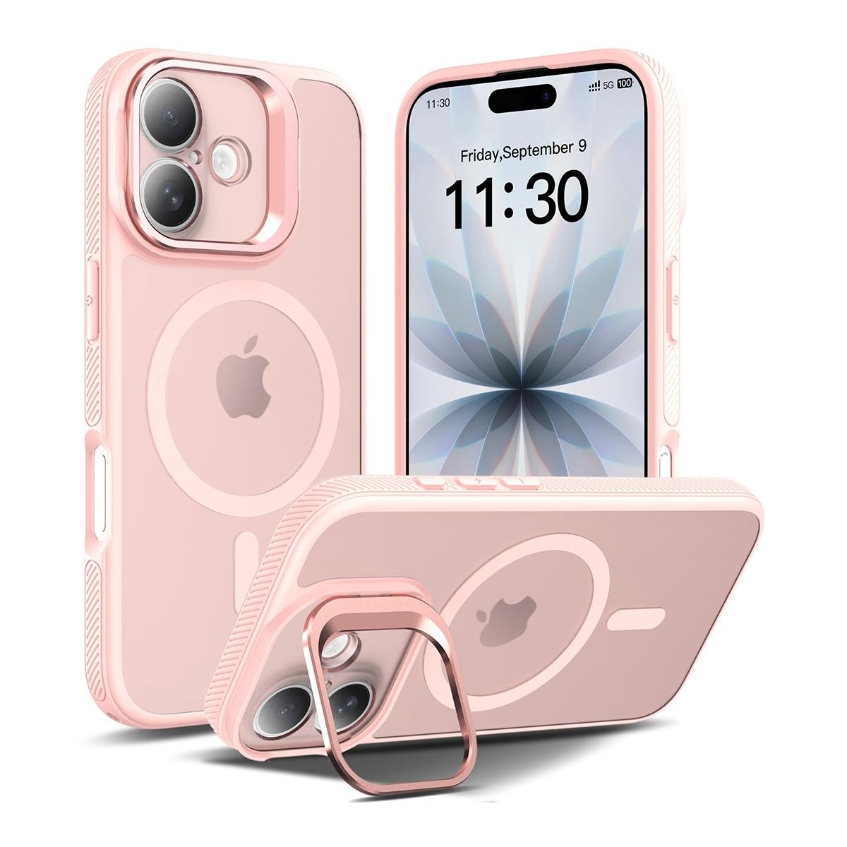 Funda magnética con marco de cámara y soporte 2 en 1 antigolpes TPU+PC para iPhone 17 - Rosa
