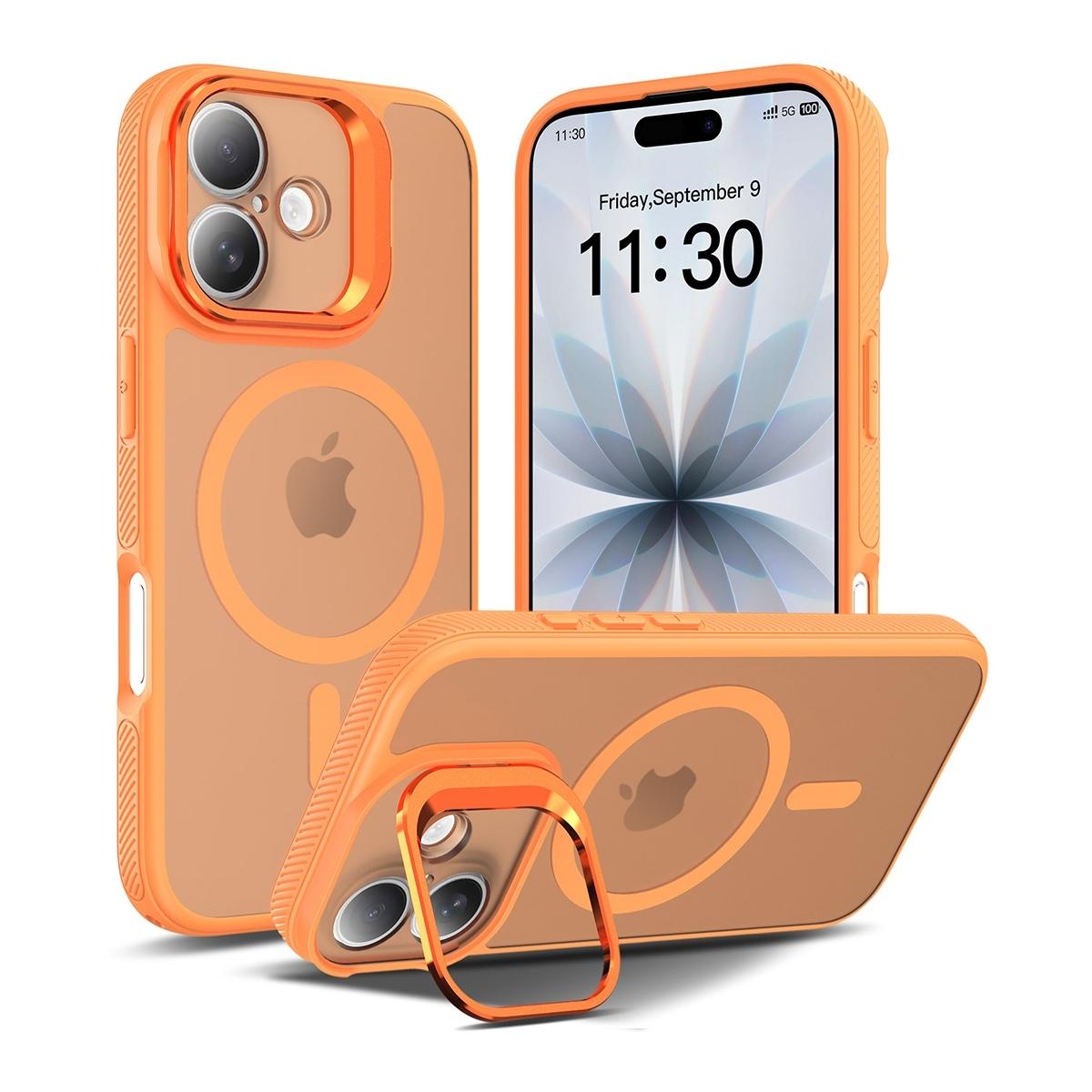 Funda magnética con marco de cámara y soporte 2 en 1 antigolpes TPU+PC para iPhone 17 - Naranja